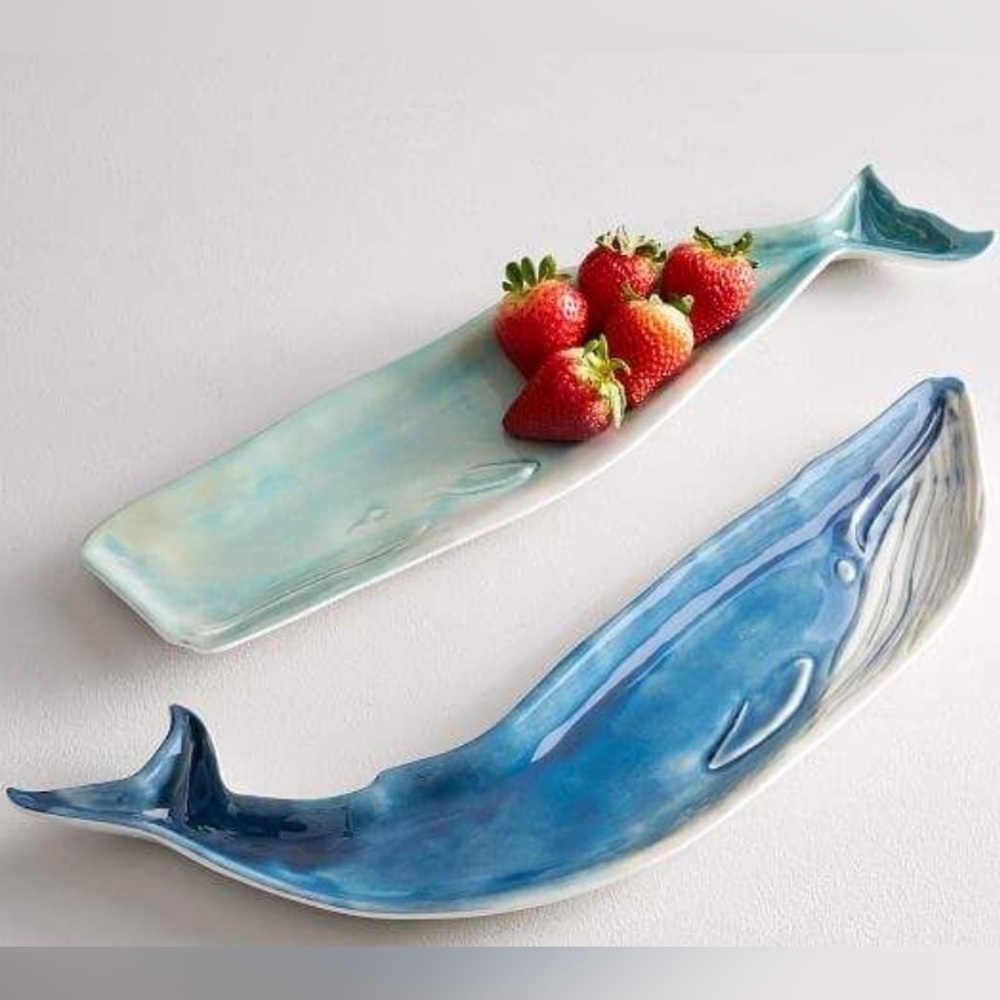 New Pottery Barn Set Of 2 Whale Serving Platters Melamine Ocean Discontinued
